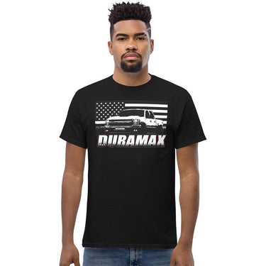 Man Wearing a Duramax T-Shirt in Black | Aggressive Thread Diesel Truck Apparel
